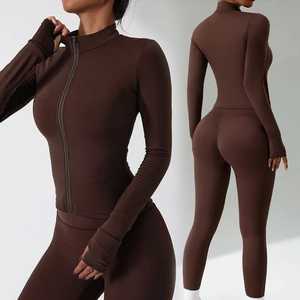 Conjunto deportivo de alta calidad, mallas fruncidas con sujetador, ropa de Yoga de manga larga, conjunto de entrenamiento activo para mujer, conjunto de 2 piezas para mujer - Product Image 5