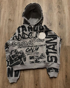 เสื้อฮู้ดซิปโอเวอร์ไซส์ลายกราฟิกสุดเท่ห์สำหรับผู้ชาย สไตล์สตรีทแวร์ พร้อมพิมพ์ตัวอักษรโดดเด่น - Product Image 3