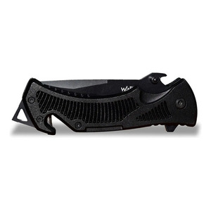 Cuchillo plegable Wallis K900325 con hoja lisa y dentada, mango negro y clip para herramientas y cuchillos - Product Image 3