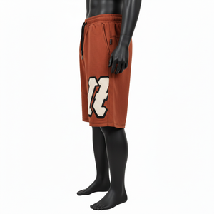 Shorts de basket-ball pour hommes en molleton de coton, couleur brun rouille, avec broderie de numéro et logo personnalisé, doux et épais, pour la salle de sport - Product Image 2