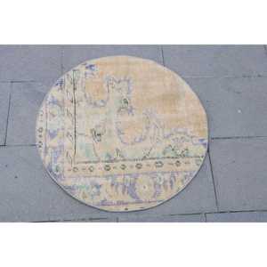 พรมวินเทจทรงกลมสไตล์ตุรกี ขนาด 2.3x2.3 ฟุต สีน้ำเงินน้ำตาลลายพราง ทำจากขนสัตว์ - Product Image 4