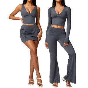 In Stock Women Yoga Sets 2-Pieces Outwork Sports Wear <b>V</b>-neck Yoga Tops With <b>Leggings</b> for Autumn - Product Image 3