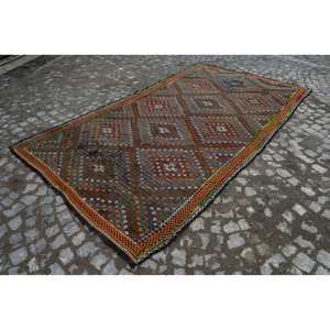 Alfombra de lana geométrica tradicional en marrón naranja 6,5X11,2 pies Patrón abstracto para dormitorio Material viscosa con respaldo de látex - Product Image 3