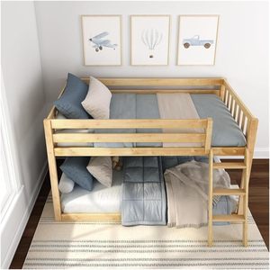 Lit superposé bas jumeau moderne, cadre en bois massif confortable avec lattes en bois solides, design traditionnel et élégant - Product Image 2