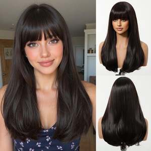 Maribel-DWY 16 Inches Glueless Synthetic <b>Wig</b> Mid-Length Curly Black with Bangs Machine Made for Women Transparent Lace - Product Image 2