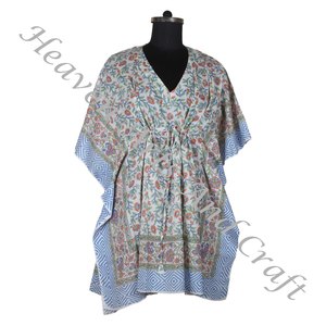 100% algodón Mujer ropa de dormir mano bloque estampado Kaftan vestido KFCS154 peso ligero mujeres Casual ocasión desgaste corto caftán vestidos - Product Image 2