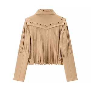 แจ็กเก็ตมีพู่สีดำสไตล์ฝรั่งเศสสำหรับผู้หญิงชุดสูทหนังเทียม2ปุ่มทรงหลวมแขนยาวดีไซน์ใหม่ - Product Image 2