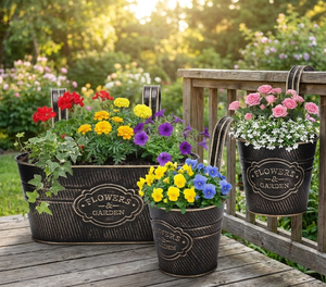 Black & Gold Metal Railing Planters - Vintage <b>Flowers</b> & <b>Garden</b> Hanging <b>Flower</b> Pots Balcony Fence Deck Rail Baskets multiple size - Product Image 4