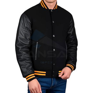 Chaqueta Universitaria Resistente para Hombre con Mangas de Cuero Genuino y Cuerpo de Mezcla de Lana, Bordes Acanalados Clásicos, Forro Negro y Amarillo - Product Image 2
