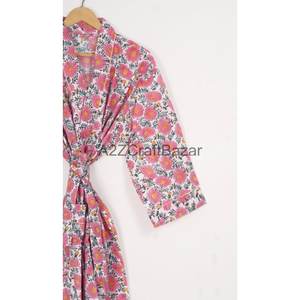 Stylish Women's Pure Cotton Hand Block Printed Kimono Robe Long Length Floral Pattern Night Wear Dress with Front Logo - Product Image 3