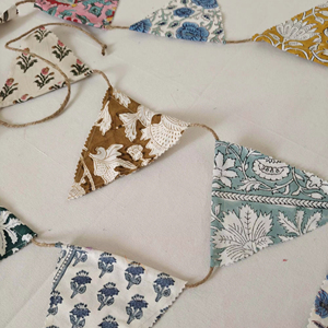 Handmade Colorful Recycled Banner Wall Decor Block Printed Fabric <b>Bunting</b> Flags for Weddings Baby Showers Party Banners - Product Image 1