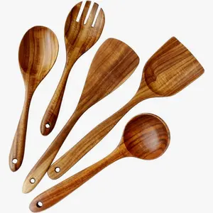 Juego de utensilios de cocina de bambú con cuchara ranurada, cuchara sólida, tenedor, servidor de pasta, cuchara china de madera para servir arroz
