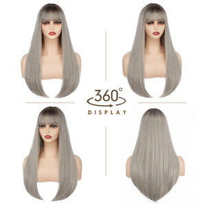 Peluca larga y recta de medio negro y blanco con flequillo para mujer, Lolita Cosplay pelo sintético, longitud del pecho, resistente al calor, Dark Gary - Product Image 5