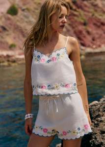 Sólido festoneado borde Cami Top rodilla pantalones cortos Mujer verano Loungewear traje Vintage bordado decoración 100% algodón transpirable - Product Image 5