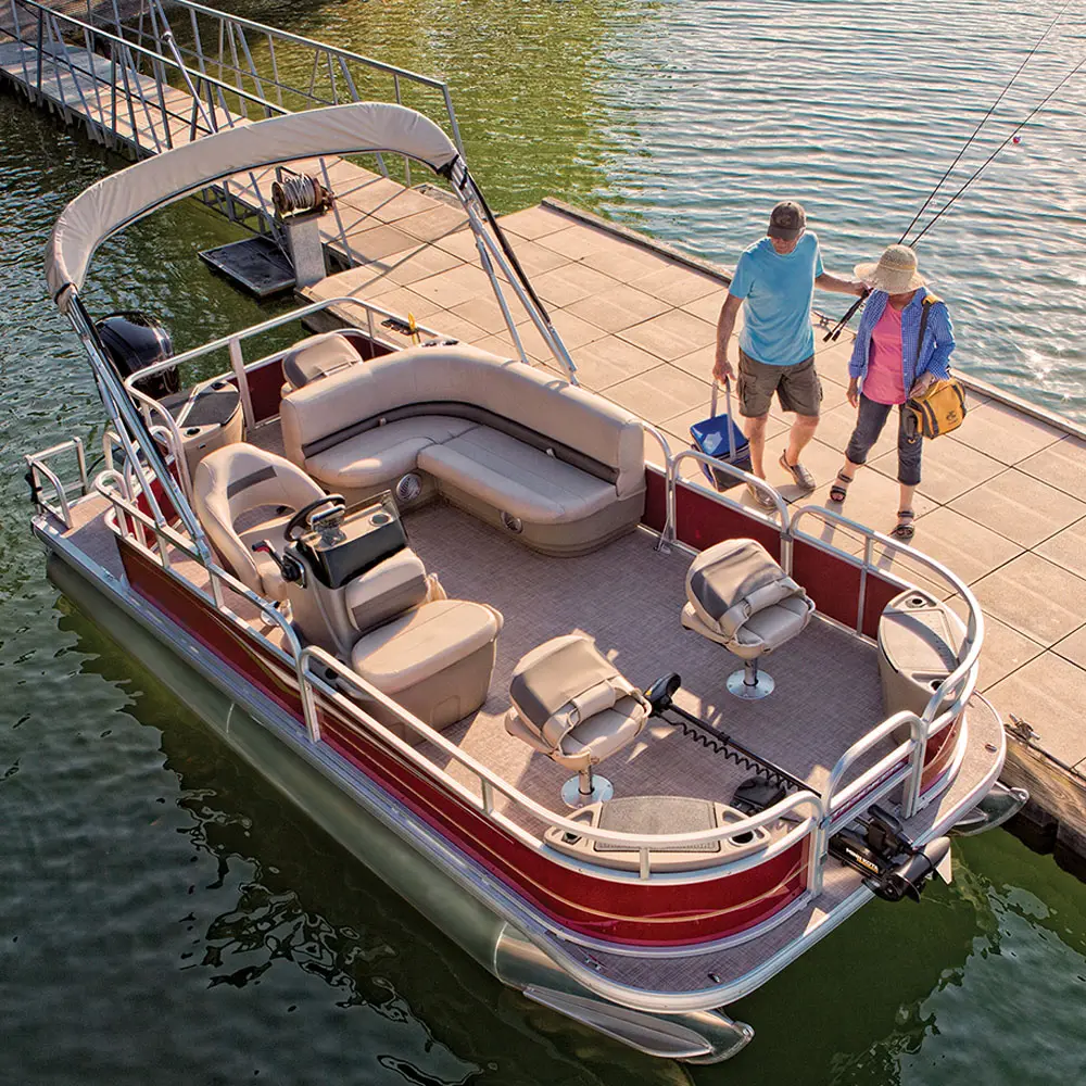 Catamarán de aluminio de lujo Pontoon Boat Top Fashion Family and Friends Business Party Yacht con Single Bimini Top para la venta