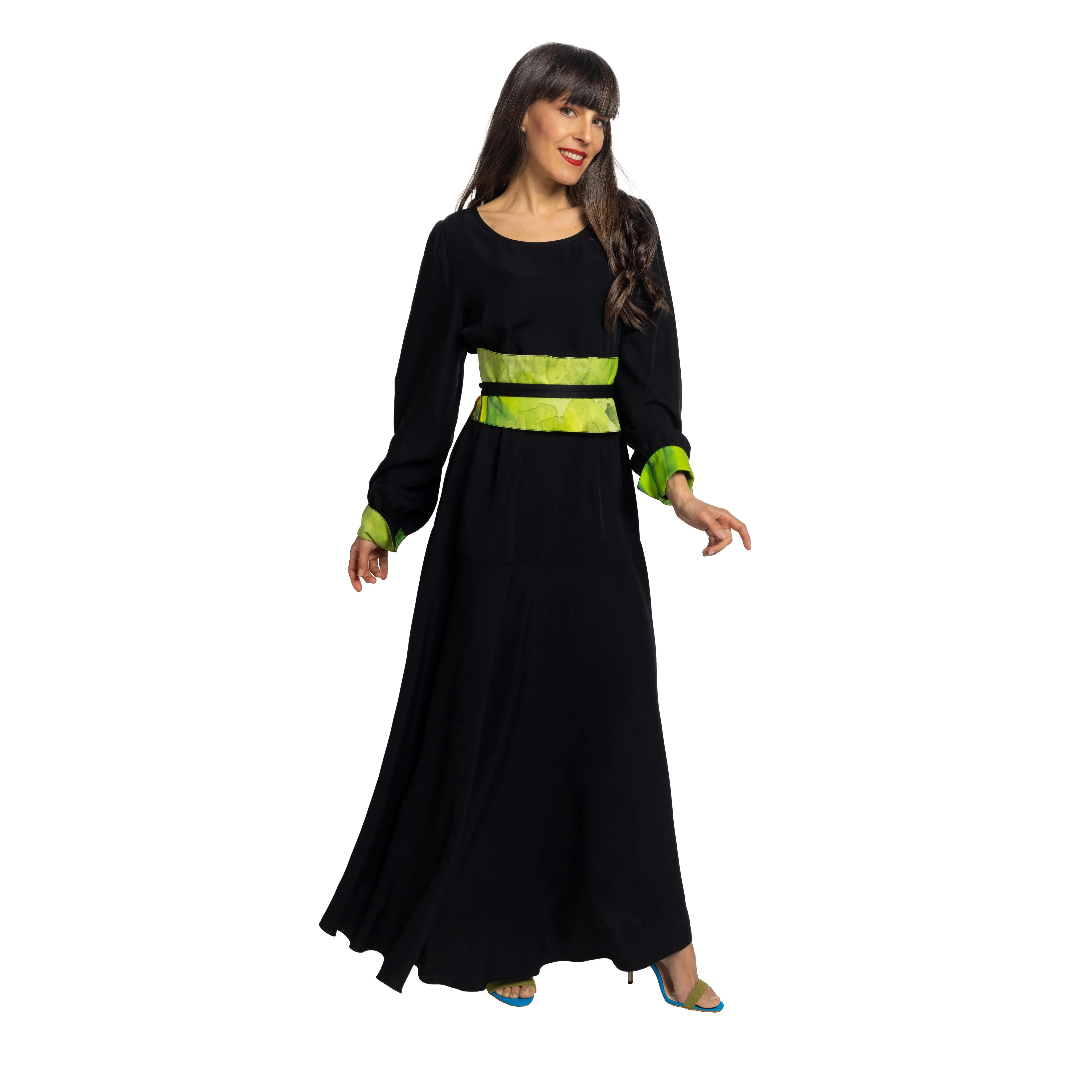 Sustainable women's long black dress in Lyocell with printed cuffs