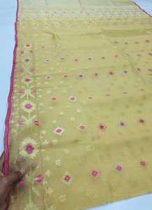 Alta calidad amarillo Deshi Dhakai Jamdani Sharee para mujeres JAMDANI tela rojo verde dorado cielo azul de Bangladesh - Product Image 4