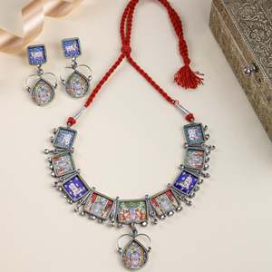 92.5 Sterling <b>Silver</b> Women's Hastakala Pichwai Handpainted Fine Jewelry <b>Set</b> for Religious Ceremonies Includes <b>Necklace</b> Earrings - Product Image 2