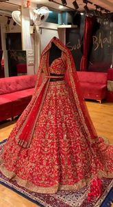 NEW HEAVY <b>RED</b> BRIDAL <b>BLOUSE</b>, LEHENGA & DUPATTA DRESS WITH Embellished in Crystal Glass Beads,STONE,DABKA Work for Wedding = 2024 - Product Image 2