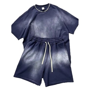 Vintage Comfortable Heavyweight Washed Distressed <b>Spray</b> Casual Street Oversized Vintage Two Piece Shorts Men's T-Shirt <b>Sets</b> - Product Image 1