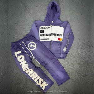 Ropa de calle de invierno Parche bordado desgastado personalizado Rhinestone Zip-Up Hoodie Heavyweight Sweatpants Set Unisex Acid Wash - Product Image 2