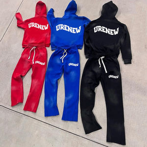 Sweats à capuche zippés antibactériens en coton épais et imprimé à l'acide pour hommes survêtements complets évasés appliqués brodés Patch d'hiver - Product Image 1