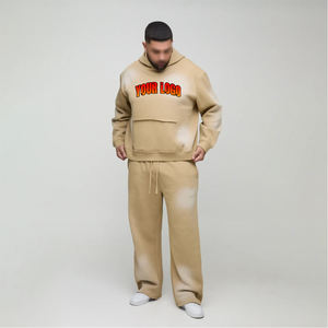 Ensemble streetwear 2 pièces pour homme, personnalisé, léger, à capuche, respirant, 100% coton, hiver, effet délavé soleil, logo imprimé par pulvérisation sur le devant - Product Image 4
