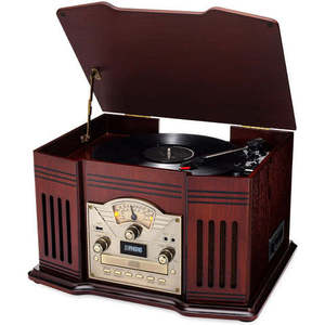 Tourne-disque vintage tout-en-un, lecteur de disques vinyles 3 vitesses, Bluetooth, lecteur de CD, lecteur de cassettes, radio AM/FM, entrée auxiliaire - Product Image 1