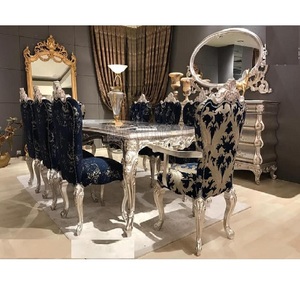 ชุดเฟอร์นิเจอร์ห้องรับประทานอาหารสุดหรูสไตล์ฝรั่งเศส ทำจากไม้สัก งานแกะสลักด้วยมือแบบคลาสสิก 9 ชิ้น โต๊ะรับประทานอาหารสีเงินรอยัล 8 ที่นั่ง - Product Image 1