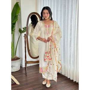 NUEVO SALWAR KAMEEZ DE SEDA ROMANA MODERNA CON DISEÑO DE DISEÑADOR, COLOR MARFIL, CON BORDADO, REVERSIBLE, PARA TODAS LAS TEMPORADAS, PARA BODAS Y DIWALI - Product Image 1