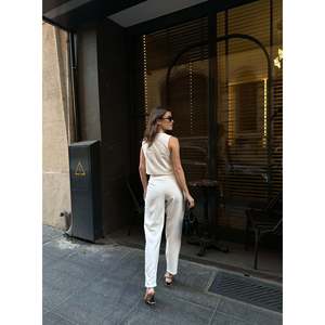 Conjunto de Dos Piezas Mybeefashion para Mujer: Chaleco Elegante Casual sin Mangas de Mezcla de Algodón Blanco y Pantalones Anchos de Cintura Alta - Product Image 3
