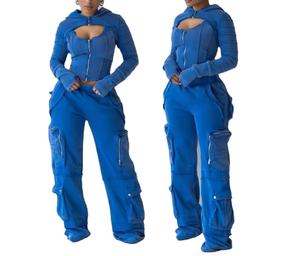 Nouveauté : Survêtement pour femme avec plusieurs poches cargo zippées, 100% coton molletonné 450 GSM, survêtements pour femme - Product Image 1