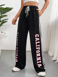 Pantalon large taille haute pour femme, couleur unie, décontracté, coupe droite - Product Image 4