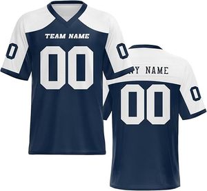 Maillot de football américain personnalisé pour homme, bleu marine, col en V, manches courtes, impression sublimée, nom et numéro de l'équipe, évacuation de l'humidité - Product Image 1