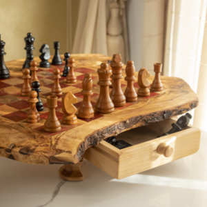 Rustic Wooden <b>Chess</b> <b>Board</b> Table with Legs & Storage Drawers, Red Squares, 28–50 cm, Wholesale - Product Image 3