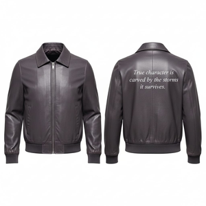 Veste en toile en cuir véritable pour homme, col rabattu, cuir de vache lisse, bomber, finition vieillie personnalisée, devant décontracté, streetwear - Product Image 3