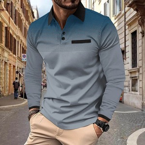 POLO décontracté à impression numérique couleur dégradée pour hommes printemps automne manches longues à pois revers boutons chemises de sport en tissu - Product Image 5
