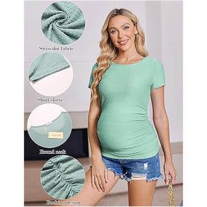 Chemises de maternité pour femmes col d'été à manches courtes côté froncé pour point 100% coton respirant séchage rapide coupe ajustée hauts de grossesse - Product Image 2
