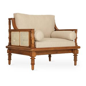 Silla de Diseño con Detalles en Madera, Tapicería Beige y Paneles de Mimbre para Sala de Estar, Dormitorio, Salón y Muebles Modernos para el Hogar - Product Image 1