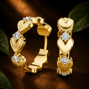 18k <b>Solid</b> Gold Lab Grown Diamond Heart <b>Hoop</b> <b>Earrings</b> 0.40 CTW Round Cut Shared Prong Set EF VSS Clarity Modern Romantic Style - Product Image 1