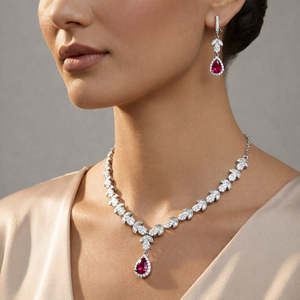 NOVAMART Fine Hallmark Silver Fine Jewelry Set Focused Red <b>Necklace</b> Pear Emerald Cut Diamonds Featuring <b>Ruby</b> Zircon for Wedding - Product Image 1