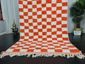 Hot Selling Authentic Moroccan <b>Rug</b> Handmade Beni Ourain White & Bright Orange Checkered Berber Tapis Marocain Teppish Marokko - Product Image 5