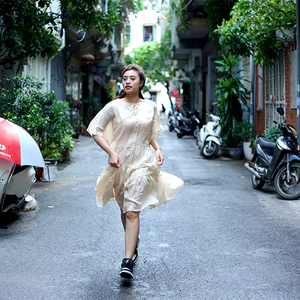 Robe décontractée Ramie écologique Caftan bohème élégant Coupe surdimensionnée Plus Plissé à manches courtes Coton uni Maxi Midi Beach - Product Image 5