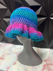 Crochet Ruffle Bucket <b>Hat</b> in Mermaid Colorful Checkered Design Made of Cotton Silk Yarn for Daily Party Outdoor Fishing Use - Product Image 5