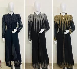 Precio al por mayor bordado a mano con lentejuelas crepé Kaftan Abaya modesto frente abierto Kimono estilo mujeres hasta el suelo tren de barrido alto - Product Image 4