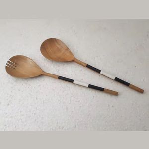Ensemble de serveurs à salade en bois naturel écologique Outils de service Ustensiles de cuisine Couverts Cuillère Fourchette pour usage domestique dans la cuisine - Product Image 3
