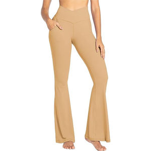 Pantalons de yoga côtelés taille haute pour femmes |   Leggings de fitness évasés avec poche latérale, taille haute, côtelés, pantalon de sport évasé - Product Image 1