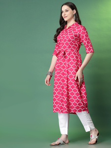 นักออกแบบล่าสุดมีสไตล์อินเดียสไตล์ปากีสถานสีชมพูสวยงามพิมพ์ชุด A-Line Kurti สําหรับผู้หญิงในราคาขายส่ง OEM - Product Image 6