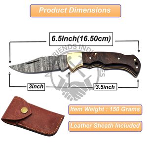 Couteau pliant Damas fait main 6,5 pouces, couteau de poche avec manche en bois de rose, étui en cuir pour homme, pour la chasse, le camping, les mariages, les garçons d'honneur - Product Image 2
