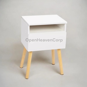 Table de chevet en bois de manguier massif avec tiroir et étagère ouverte Table de chevet blanche élégante pour chambre à coucher avec pieds en bois durable - Product Image 4